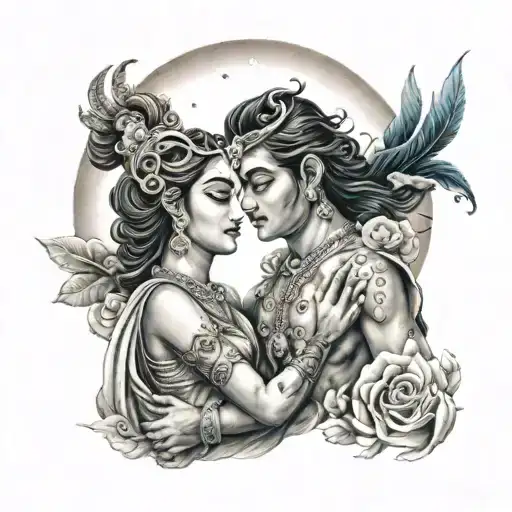 Radha and Krishna in a romantic embrace surrounded by celestial elements like stars and moons tattoo design idea