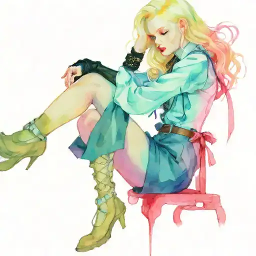 albino girl in tall boots and ripped black pants with chains and a ribbon belt and a dress shirt with tie undone  tattoo design idea