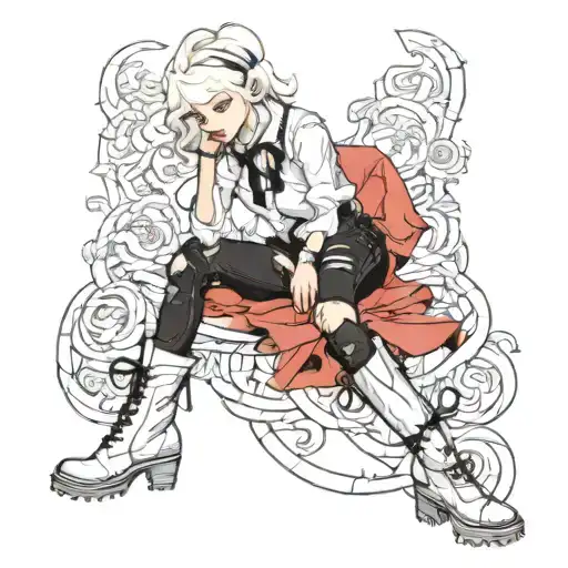albino girl in tall boots and ripped black pants with a ribbon belt and a dress shirt with tie undone  tattoo design idea