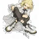 albino girl in tall boots and ripped black pants with a ribbon belt and a dress shirt with tie undone  tattoo design idea