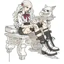 albino girl in tall boots and ripped black pants with a ribbon belt and a dress shirt with tie undone  tattoo design idea