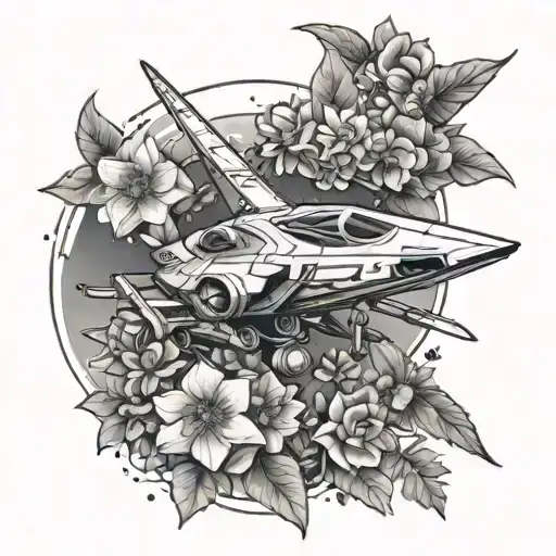 jedi star fighter surrounded by flowers and berries tattoo design idea