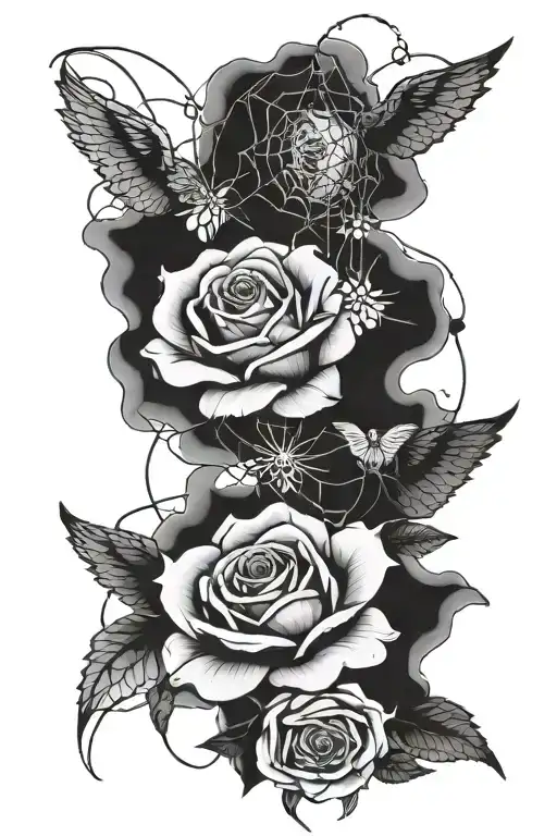 rose with angel clouds and spider with web design tattoo design idea