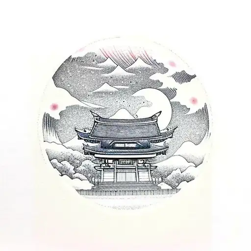 shinto shrine with a bench, two moons over 3 mountains tattoo design idea