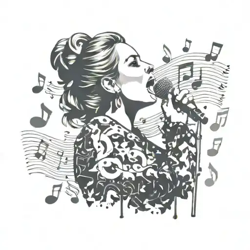 A silhouette of Adele singing with a microphone, surrounded by music notes and lyrics from her songs tattoo design idea