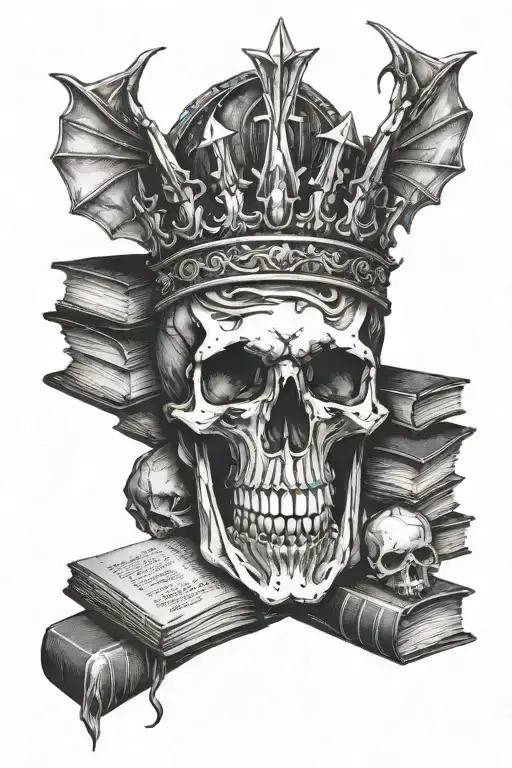 skull of a dragon in a crown surrounded with books tattoo design idea