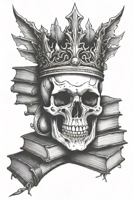 skull of a dragon in a crown surrounded with books tattoo design idea