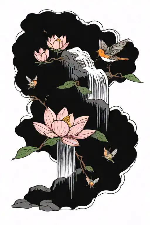 mountain waterfall cascading with lotus flowers and a robin tattoo design idea
