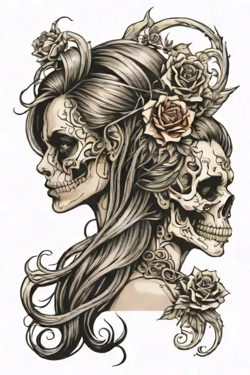 skull and lady head with long hair tattoo design idea