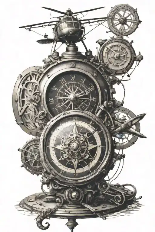 old compass, mechanical clock, helicopter  tattoo design idea