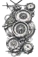old compass, mechanical clock, helicopter  tattoo design idea