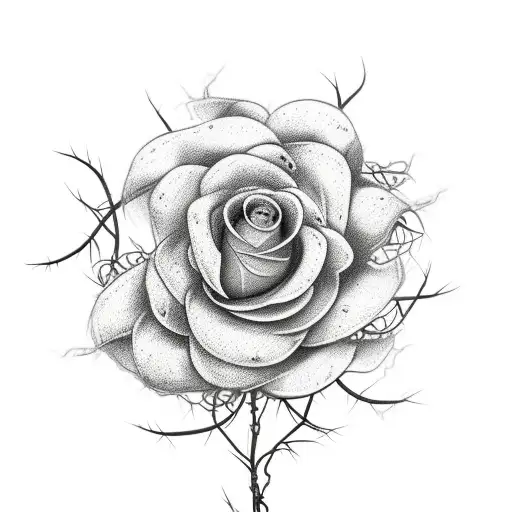 A wilted flower with thorny vines wrapping around it, intertwined with a shattered mirror. tattoo design idea