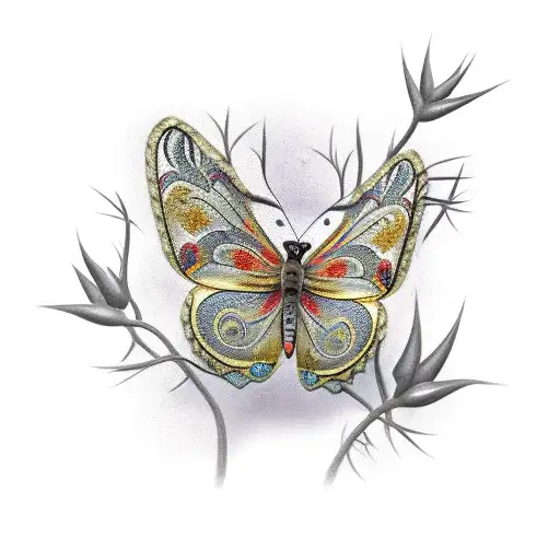 butterfly trapped in a gilded cage, surrounded by twisted thorns. tattoo design idea
