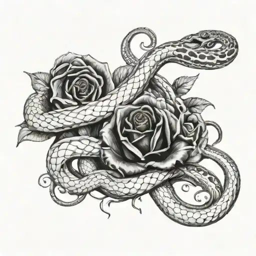 snakes and dark roses with black fire flames tattoo design idea