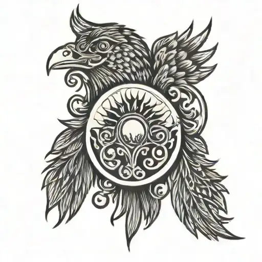 love heart, fearless phoenix rising sun tattoo design idea