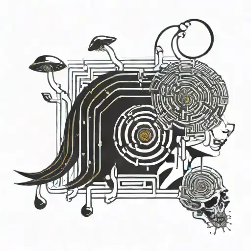 Lady turning into binary code and shrooms turning into a labyrinth tattoo design idea