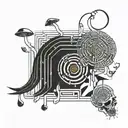 Lady turning into binary code and shrooms turning into a labyrinth tattoo design idea