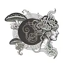 Lady turning into binary code and shrooms turning into a labyrinth tattoo design idea