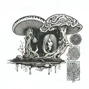 Lady turning into binary code and shrooms turning into a labyrinth tattoo design idea