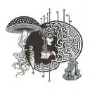 Lady turning into binary code and shrooms turning into a labyrinth tattoo design idea