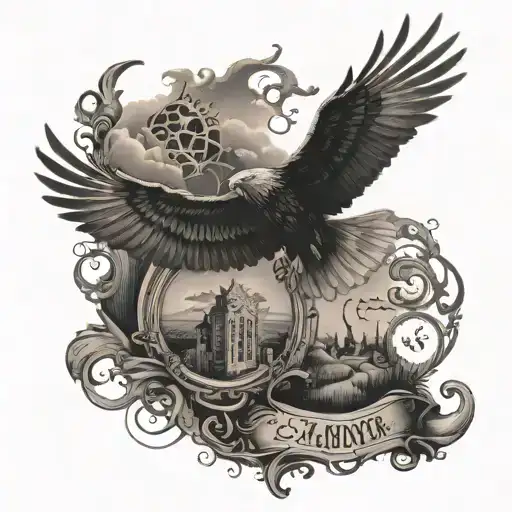 An intricate black and grey tattoo featuring the coordinates of your father's grave, with a silhouette of an eagle flying above to represent the spirit of your father watching over you and your son tattoo design idea