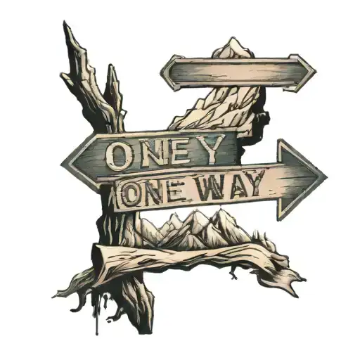 One way sign pointing towards the mountains on the right and the left side of sign is starting to fade away tattoo design idea