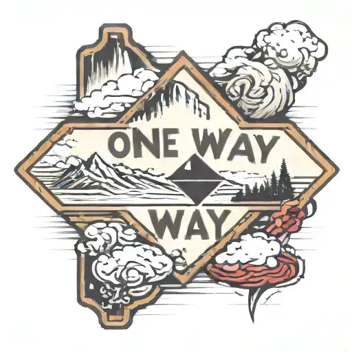 One Way sign pointing towards mountains to the right and the left side of the sign is beginning to fade away tattoo design idea