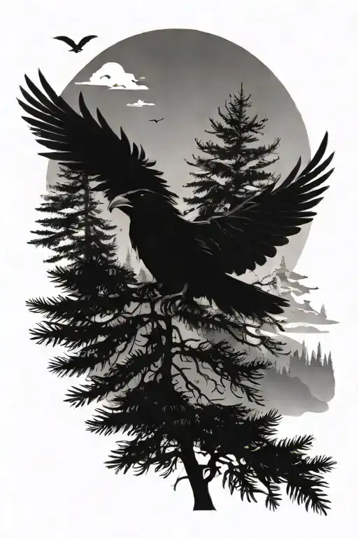 a tall fir tree with one raven in the tree and one raven flying. mountains in the background.  tattoo design idea