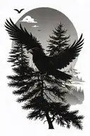 a tall fir tree with one raven in the tree and one raven flying. mountains in the background.  tattoo design idea