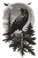 a tall fir tree with one raven in the tree and one raven flying. mountains in the background.  tattoo design idea