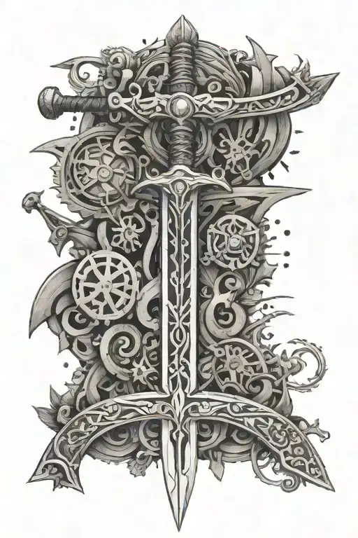 Design a detailed collage of famous swords from video games like the Master Sword, Keyblade, and Energy Sword intertwined with circuit patterns tattoo design idea