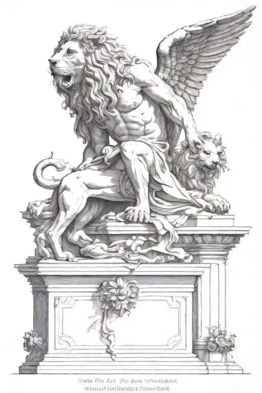 Epitaph of Seikilos with lion guarding it. In the background, the sad look of Orpheus looking at Eurydice in the underworld tattoo design idea