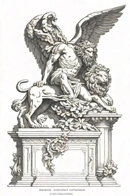 Epitaph of Seikilos with lion guarding it. In the background, the sad look of Orpheus looking at Eurydice in the underworld tattoo design idea