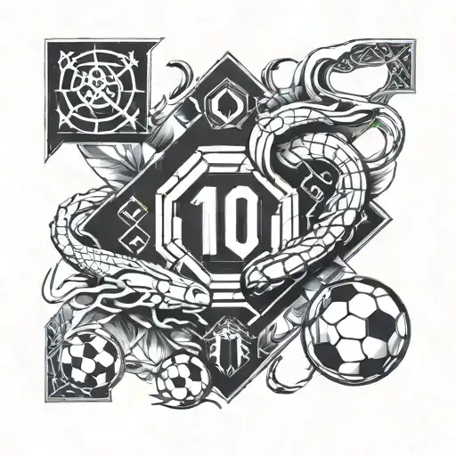 A geometric and symmetrical tattoo design combining soccer elements, the number 10, and symbols representing your grandparents, siblings, and the scorpion zodiac sign tattoo design idea