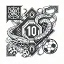 A geometric and symmetrical tattoo design combining soccer elements, the number 10, and symbols representing your grandparents, siblings, and the scorpion zodiac sign tattoo design idea