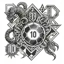 A geometric and symmetrical tattoo design combining soccer elements, the number 10, and symbols representing your grandparents, siblings, and the scorpion zodiac sign tattoo design idea