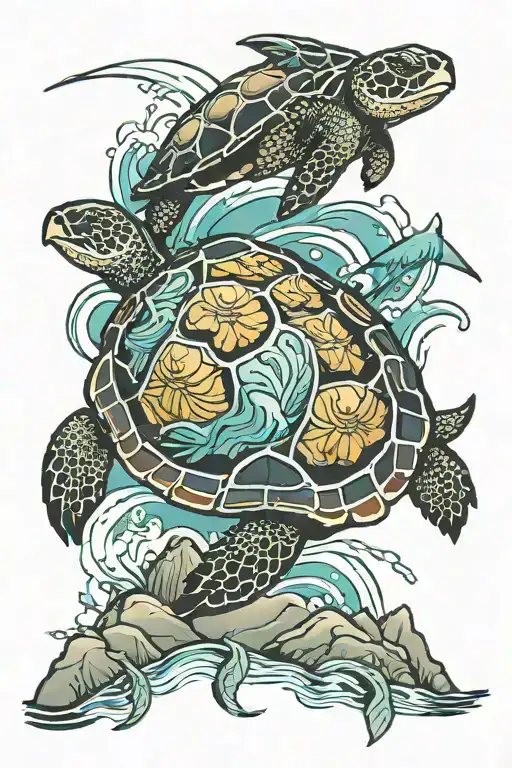 mountains to the sea turtle swimming tattoo design idea