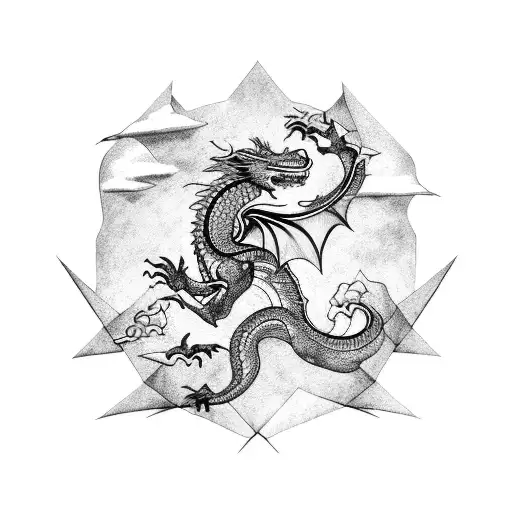 A dragon in mid-flight with intricate patterns on its wings tattoo design idea