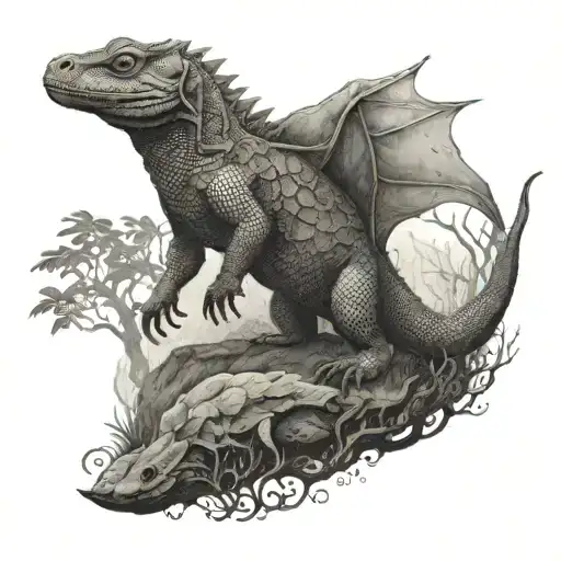 A mystical forest scene with a komodo dragon as the guardian spirit tattoo design idea