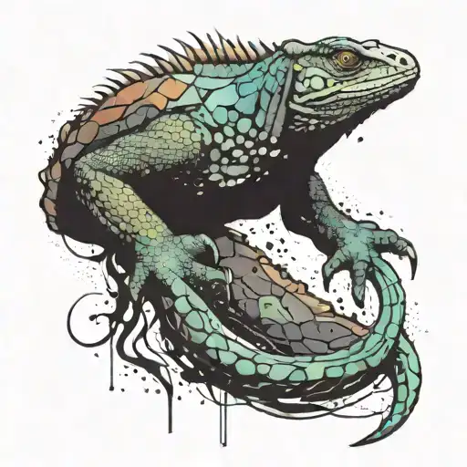 A komodo dragon tattoo with an abstract art twist, incorporating paint splatters and brush strokes tattoo design idea