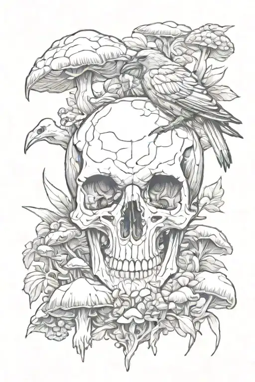 raven skull surrounded by mushrooms tattoo design idea