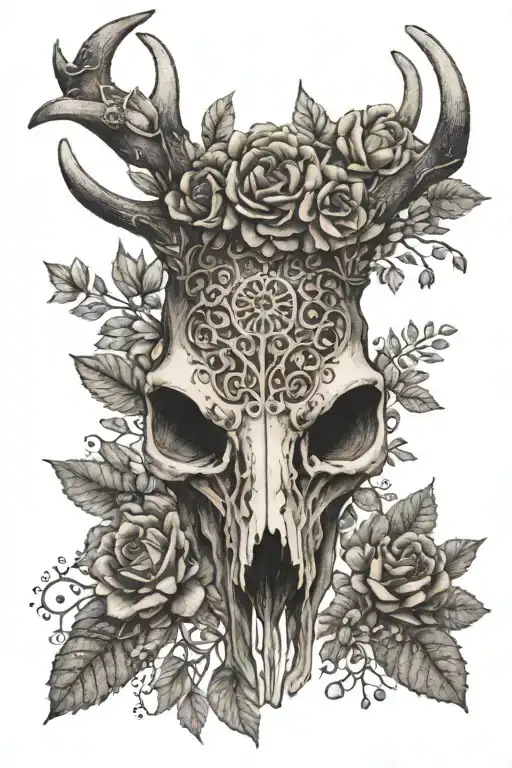 A detailed deer skull surrounded by intricate dotwork floral patterns tattoo design idea