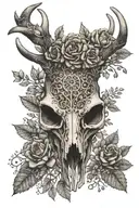 A detailed deer skull surrounded by intricate dotwork floral patterns tattoo design idea