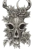 A detailed deer skull surrounded by intricate dotwork floral patterns tattoo design idea