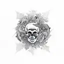 A skull engulfed in a swirling vortex of nature elements like leaves, flowers, and mushrooms tattoo design idea