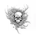 A skull engulfed in a swirling vortex of nature elements like leaves, flowers, and mushrooms tattoo design idea