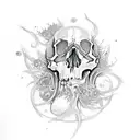 A skull engulfed in a swirling vortex of nature elements like leaves, flowers, and mushrooms tattoo design idea