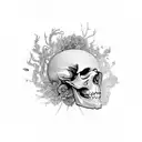 A skull engulfed in a swirling vortex of nature elements like leaves, flowers, and mushrooms tattoo design idea
