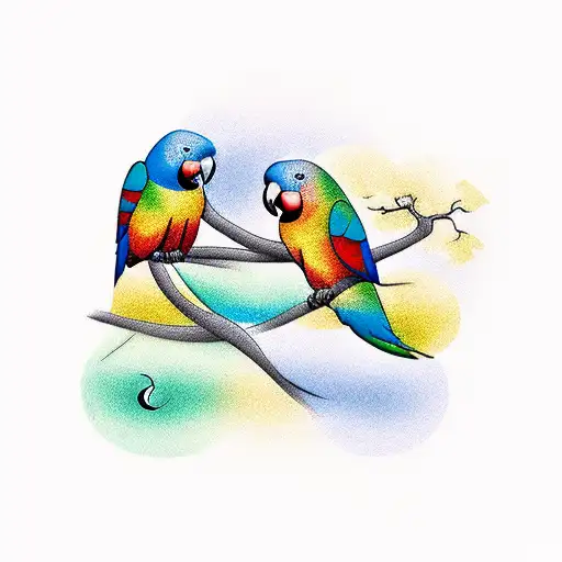 2 parrots in a tree being lovey, one being the colors of a trans flag, and the other with the nonbinary flag colors tattoo design idea