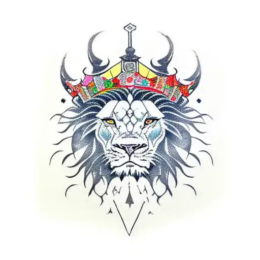A half demon half lion wearing a crown and holding the world tattoo design idea